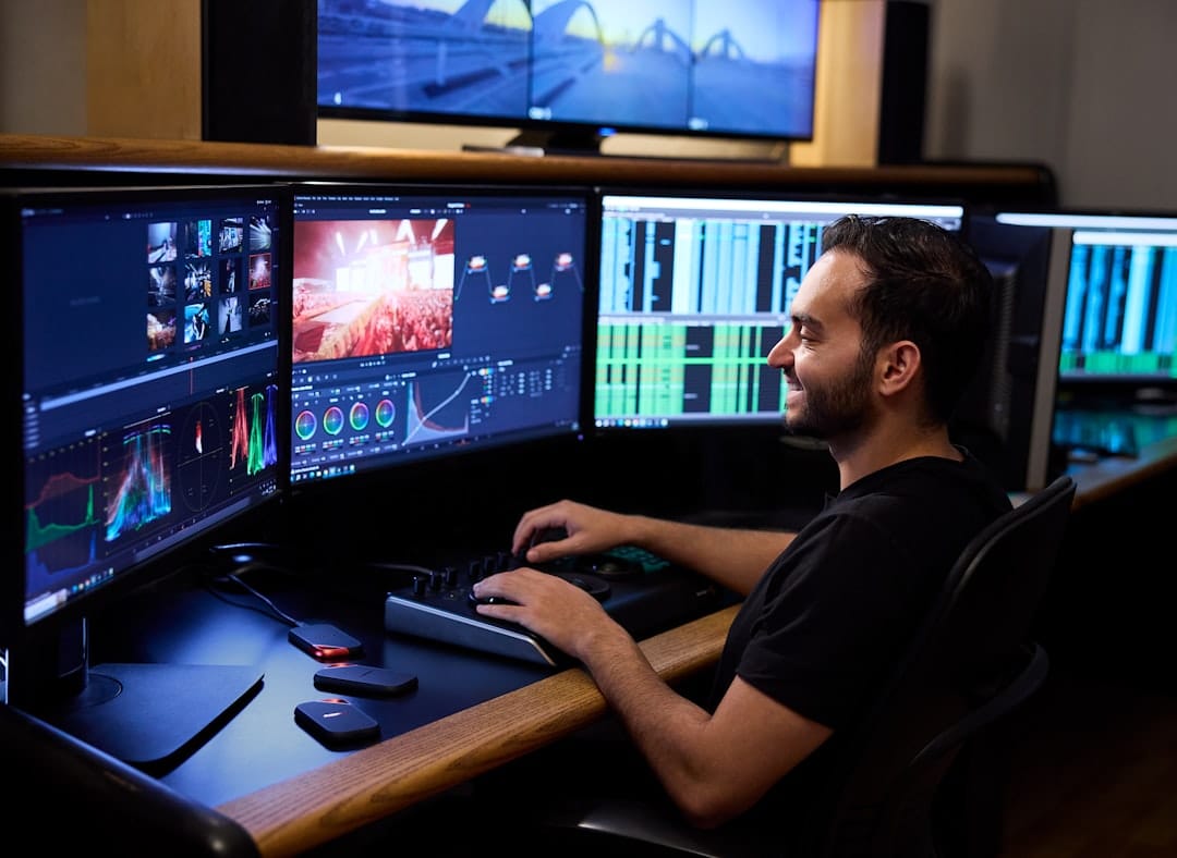 Smiling man editing video on multiple computer monitors.