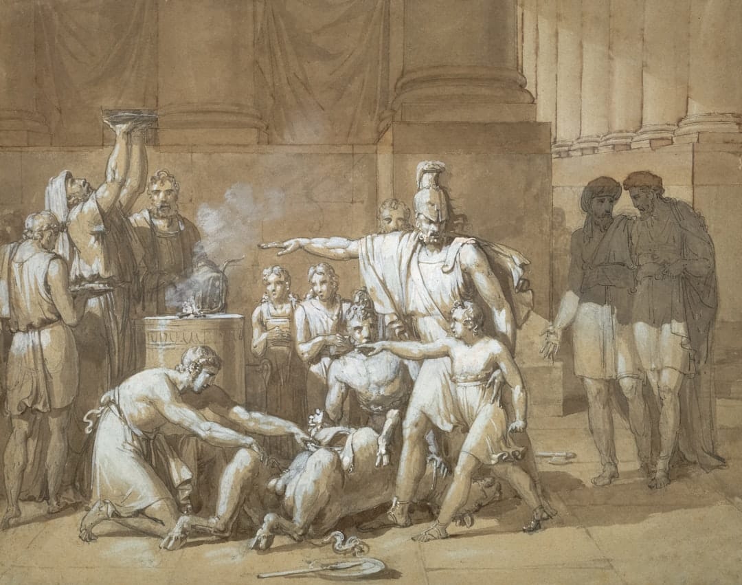 Ancient romans performing a ritual sacrifice with a bull.