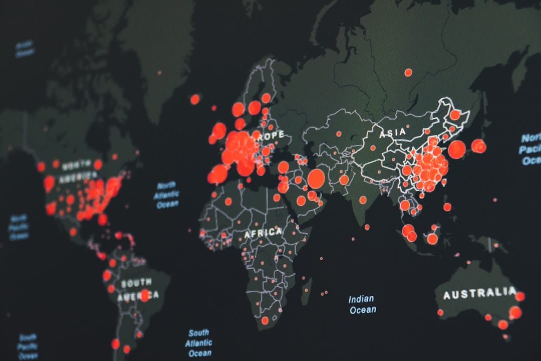 world map showing red infection clusters
